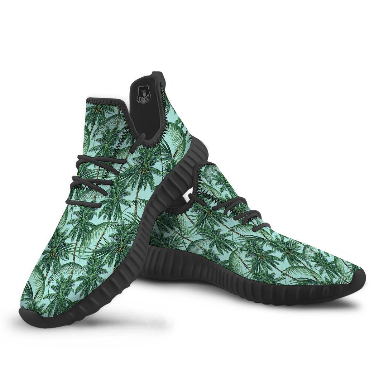 Coconut Leaf Print Black Walking Shoes-grizzshop