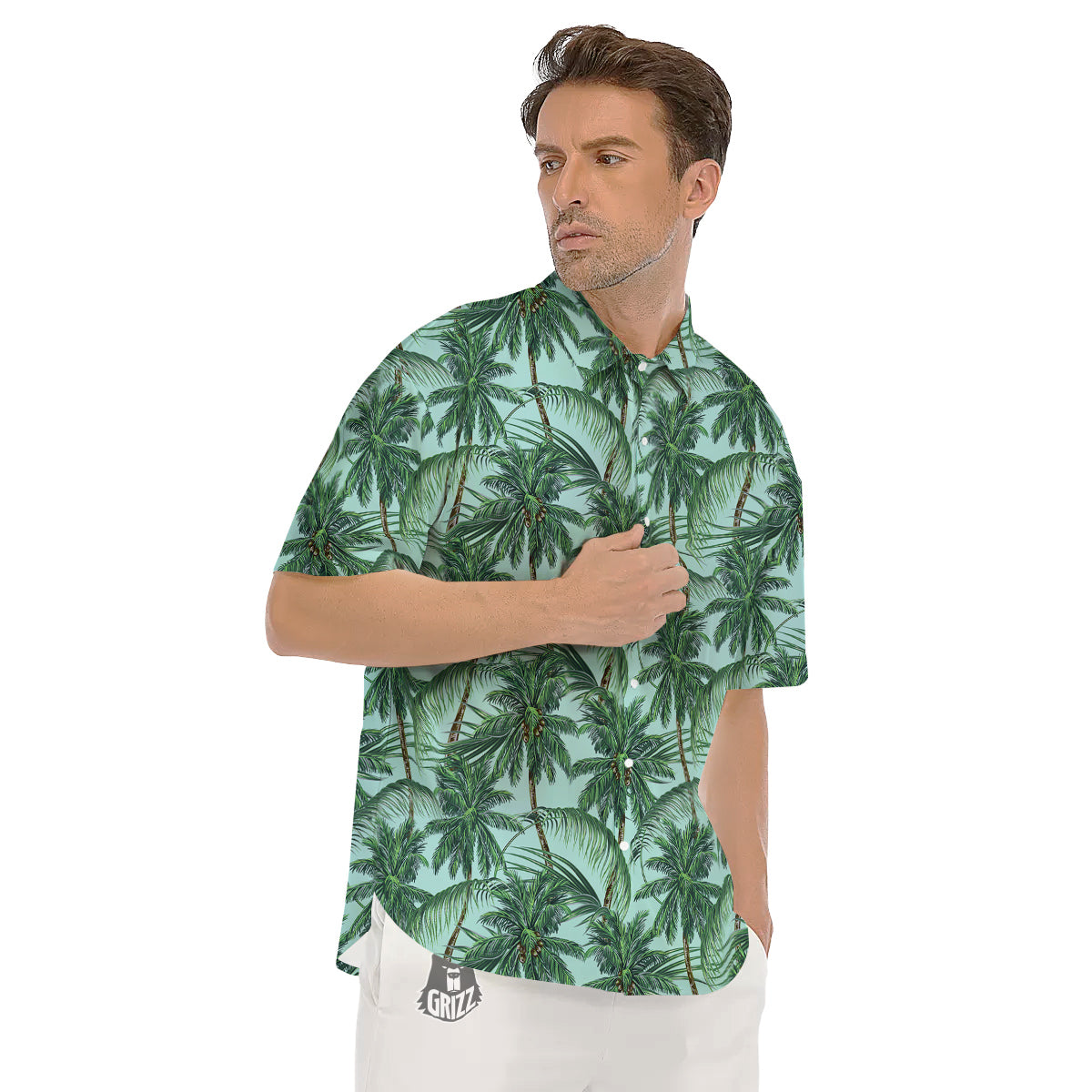 Coconut Leaf Print Men's Short Sleeve Shirts-grizzshop