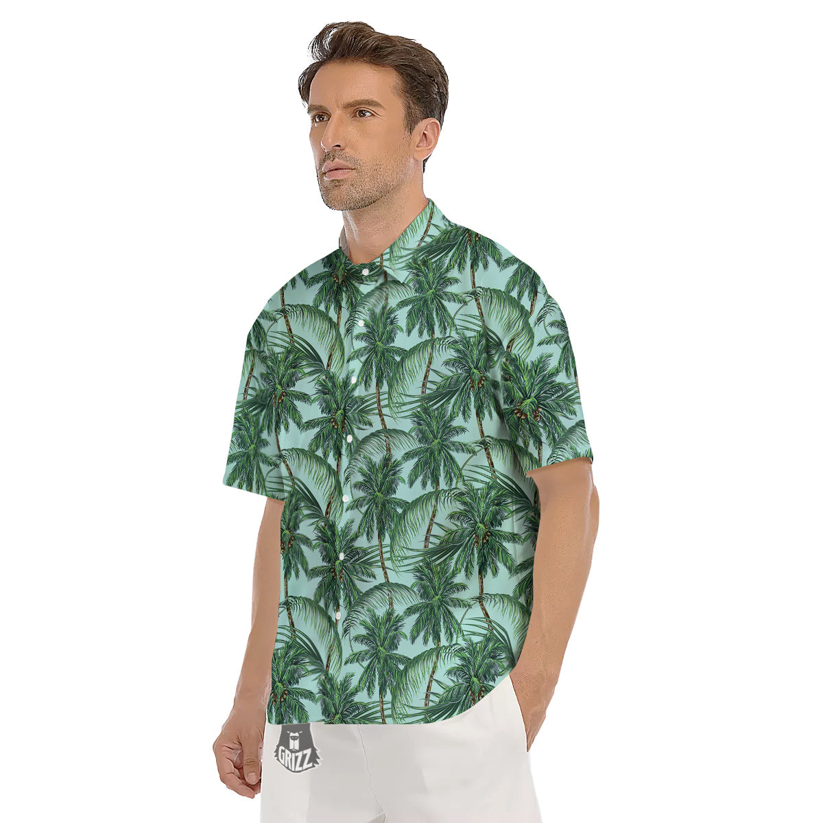 Coconut Leaf Print Men's Short Sleeve Shirts-grizzshop