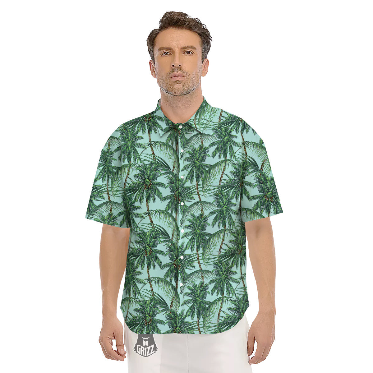 Coconut Leaf Print Men's Short Sleeve Shirts-grizzshop