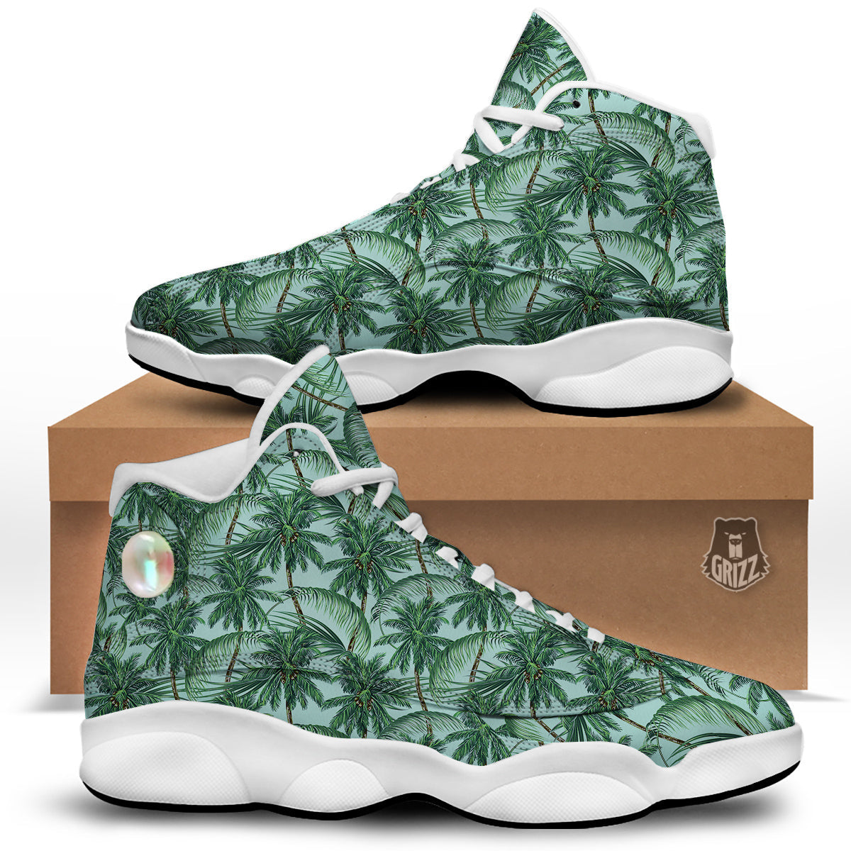 Coconut Leaf Print White Basketball Shoes-grizzshop