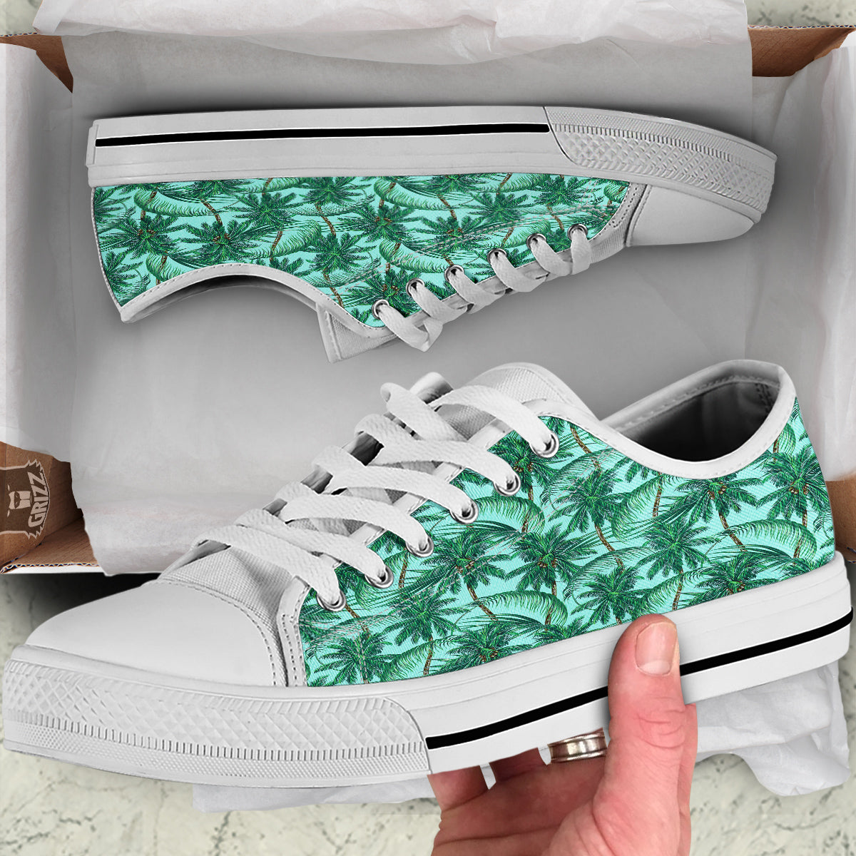 Coconut Leaf Print White Low Top Shoes-grizzshop