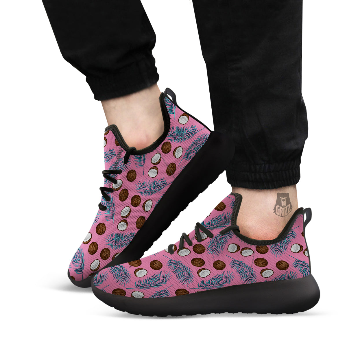 Coconut Pink And Palm Leaf Print Pattern Black Athletic Shoes-grizzshop