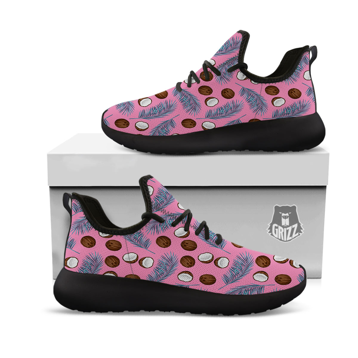 Coconut Pink And Palm Leaf Print Pattern Black Athletic Shoes-grizzshop