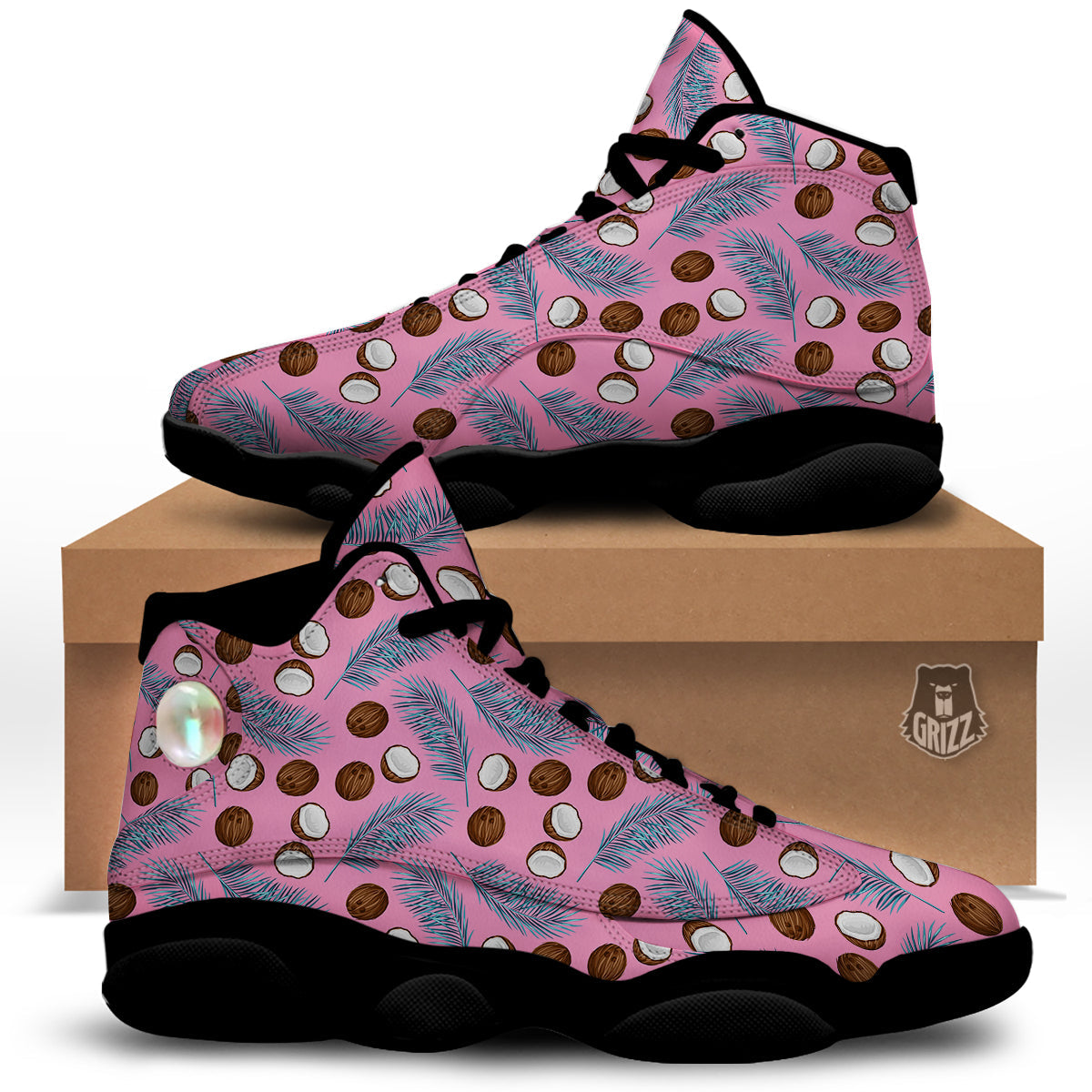 Coconut Pink And Palm Leaf Print Pattern Black Basketball Shoes-grizzshop