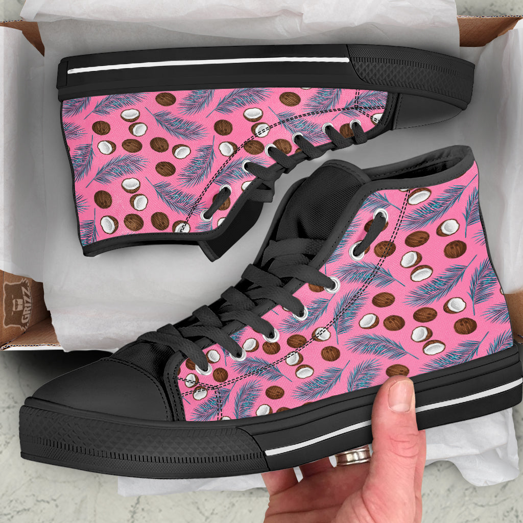 Coconut Pink And Palm Leaf Print Pattern Black High Top Shoes-grizzshop