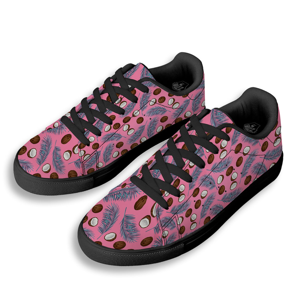 Coconut Pink And Palm Leaf Print Pattern Black Low Top Sneakers-grizzshop