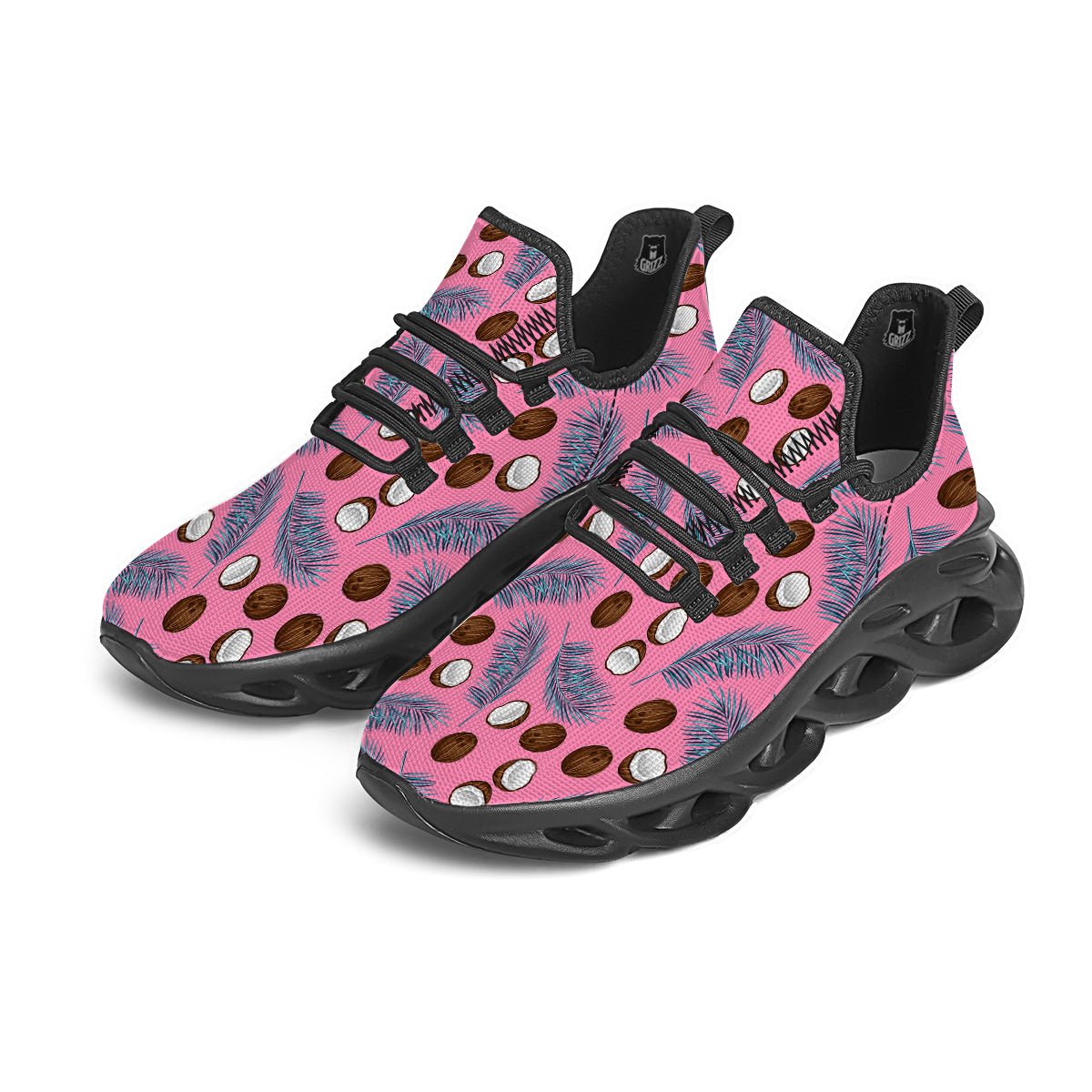Coconut Pink And Palm Leaf Print Pattern Black Running Shoes-grizzshop