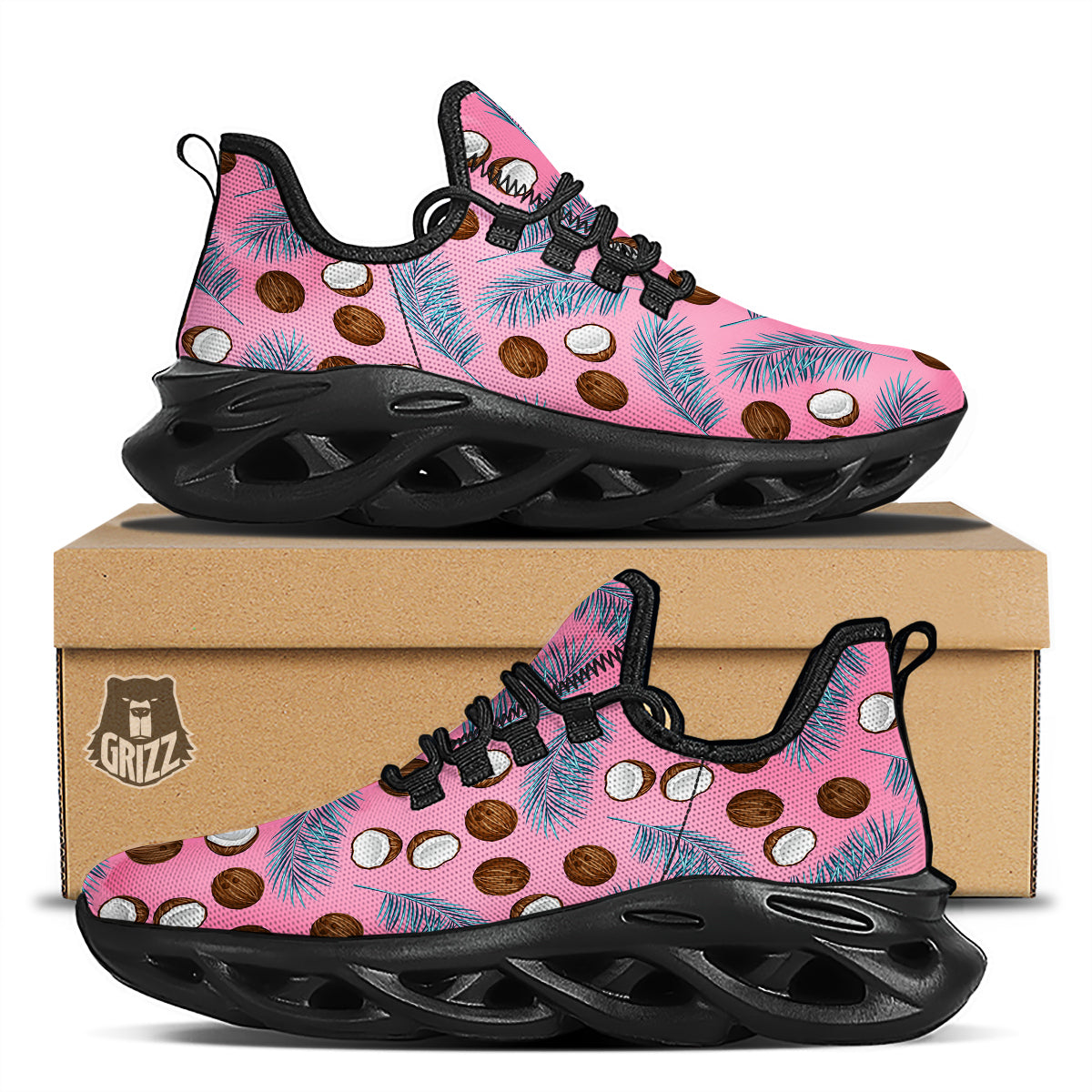 Coconut Pink And Palm Leaf Print Pattern Black Running Shoes-grizzshop