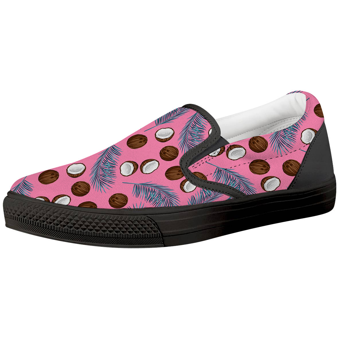 Coconut Pink And Palm Leaf Print Pattern Black Slip On Shoes-grizzshop