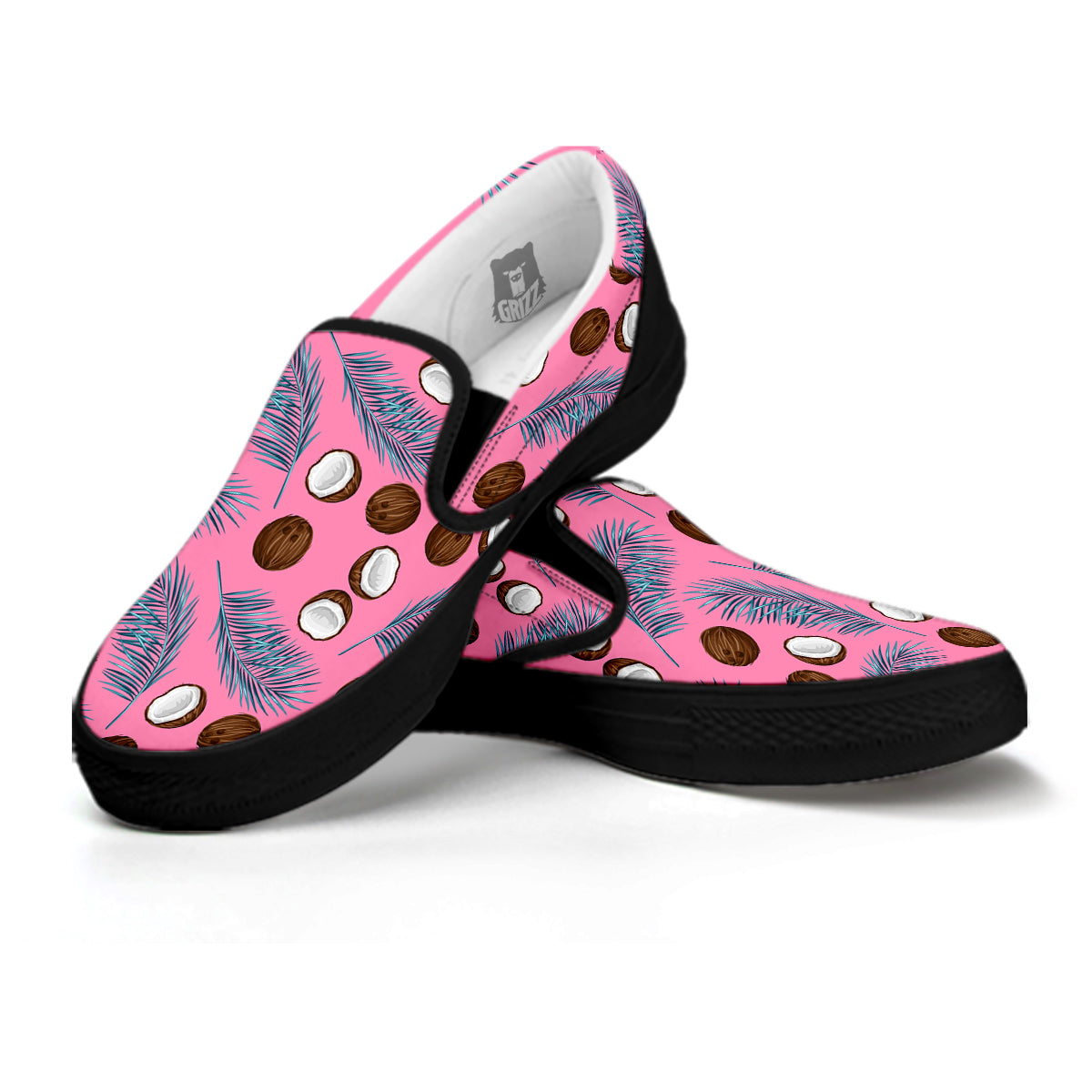 Coconut Pink And Palm Leaf Print Pattern Black Slip On Shoes-grizzshop