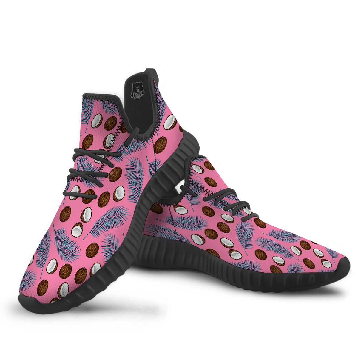 Coconut Pink And Palm Leaf Print Pattern Black Walking Shoes-grizzshop
