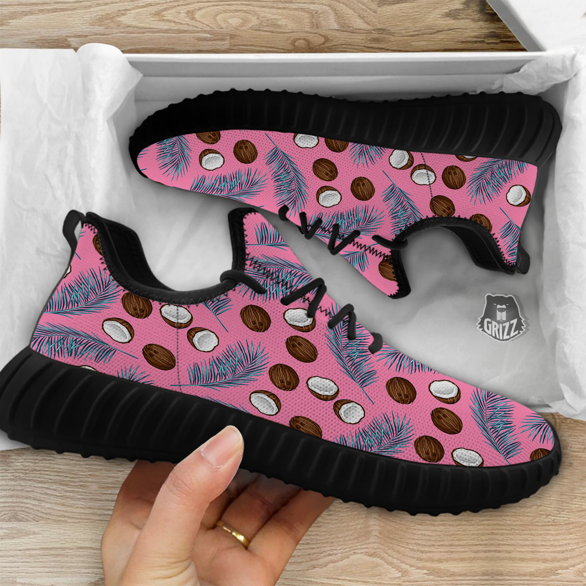 Coconut Pink And Palm Leaf Print Pattern Black Walking Shoes-grizzshop