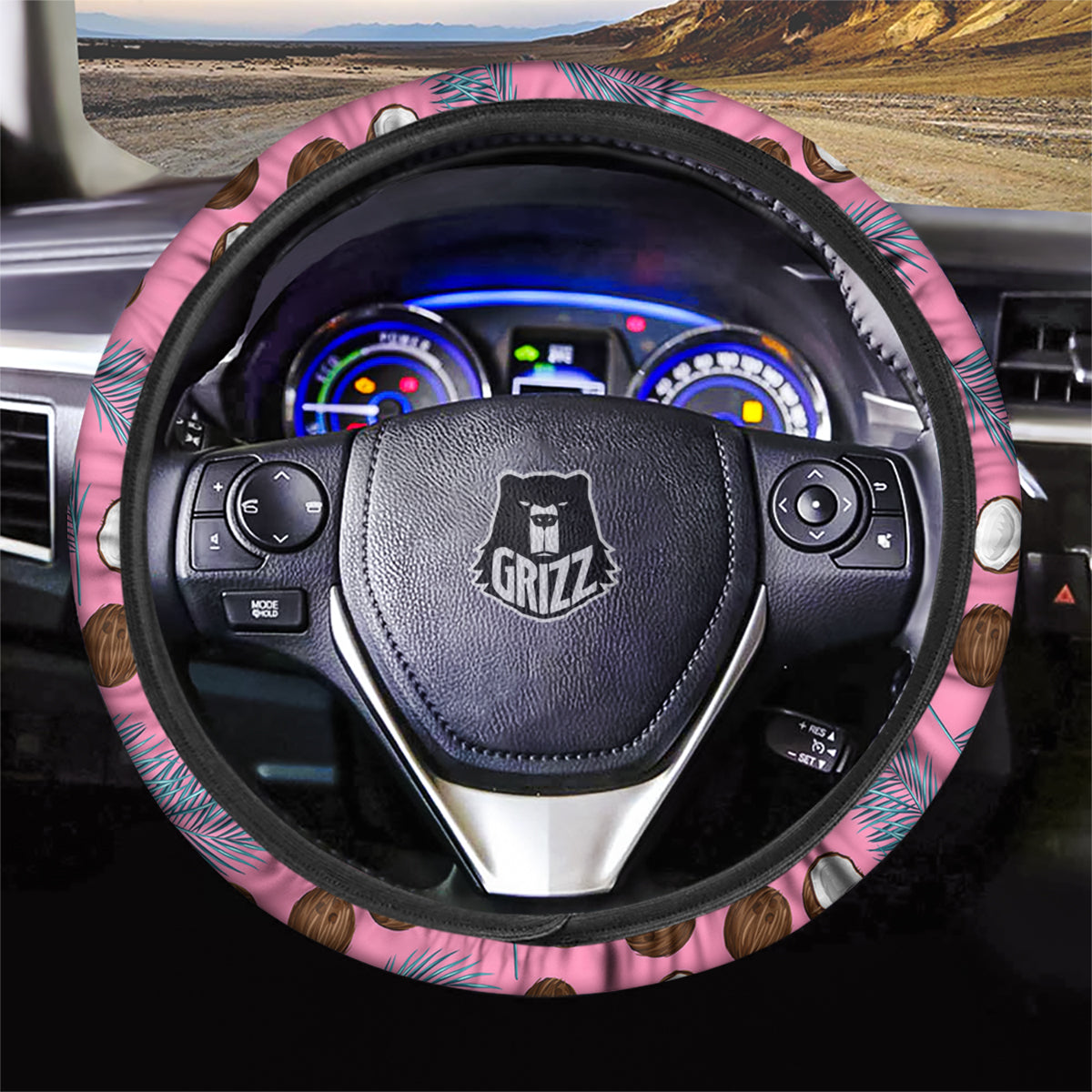Coconut Pink And Palm Leaf Print Pattern Car Steering Wheel Cover-grizzshop