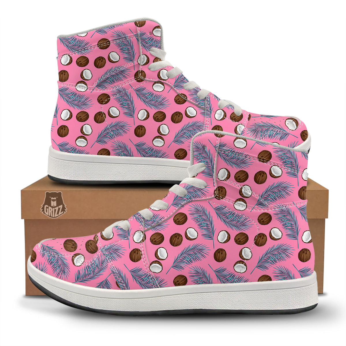 Coconut Pink And Palm Leaf Print Pattern High Top Sneakers-grizzshop