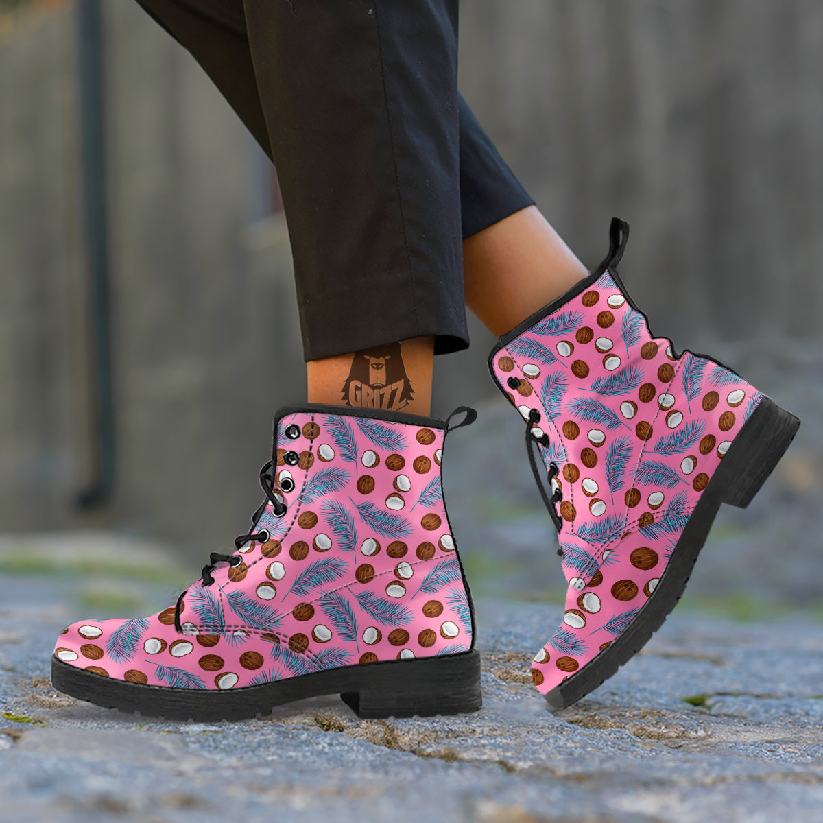 Coconut Pink And Palm Leaf Print Pattern Leather Boots-grizzshop
