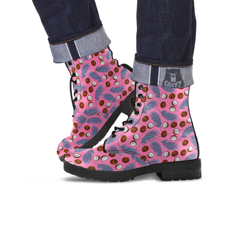 Coconut Pink And Palm Leaf Print Pattern Leather Boots-grizzshop