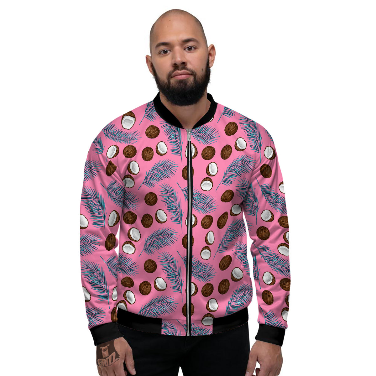 Coconut Pink And Palm Leaf Print Pattern Men's Bomber Jacket-grizzshop