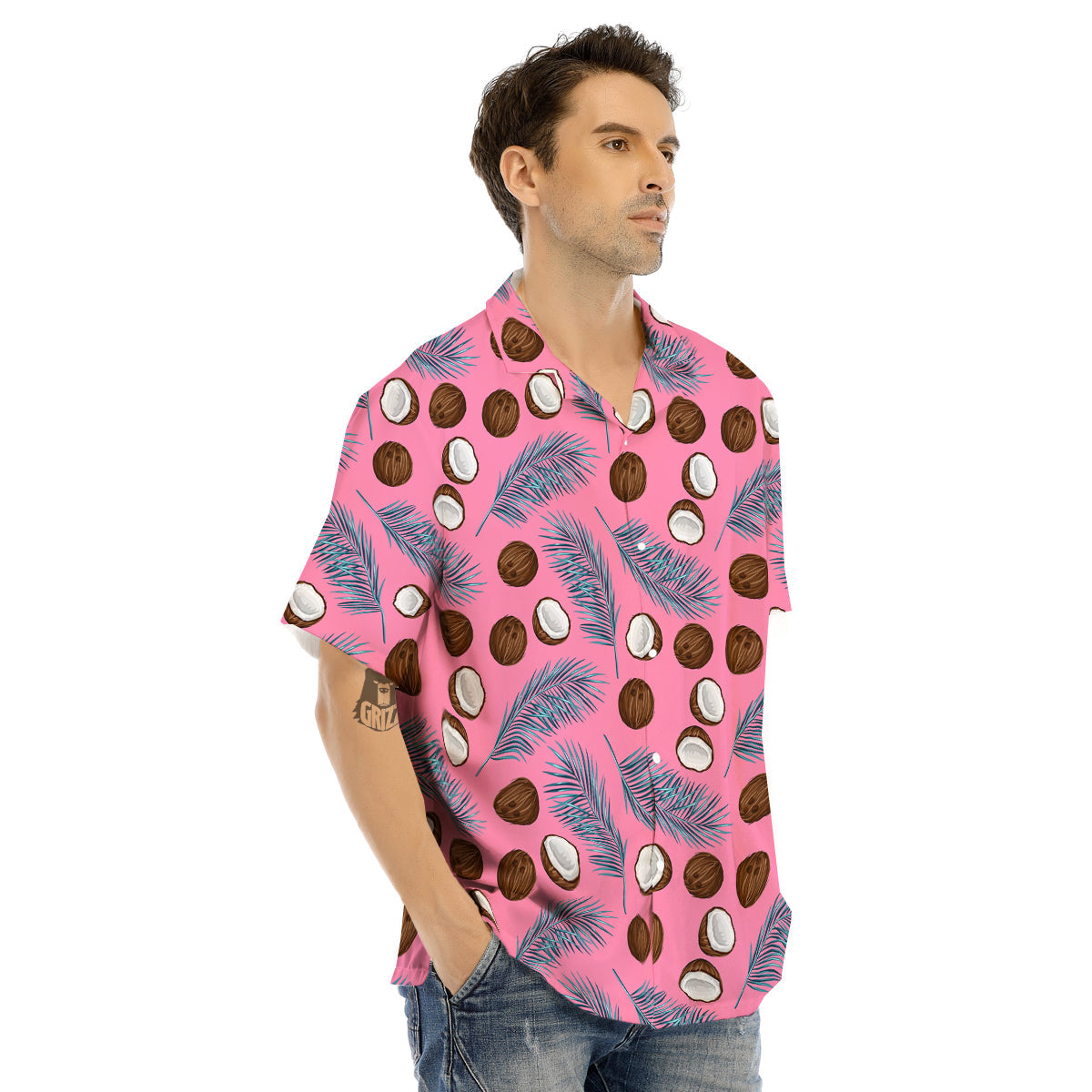 Coconut Pink And Palm Leaf Print Pattern Men's Hawaiian Shirt-grizzshop