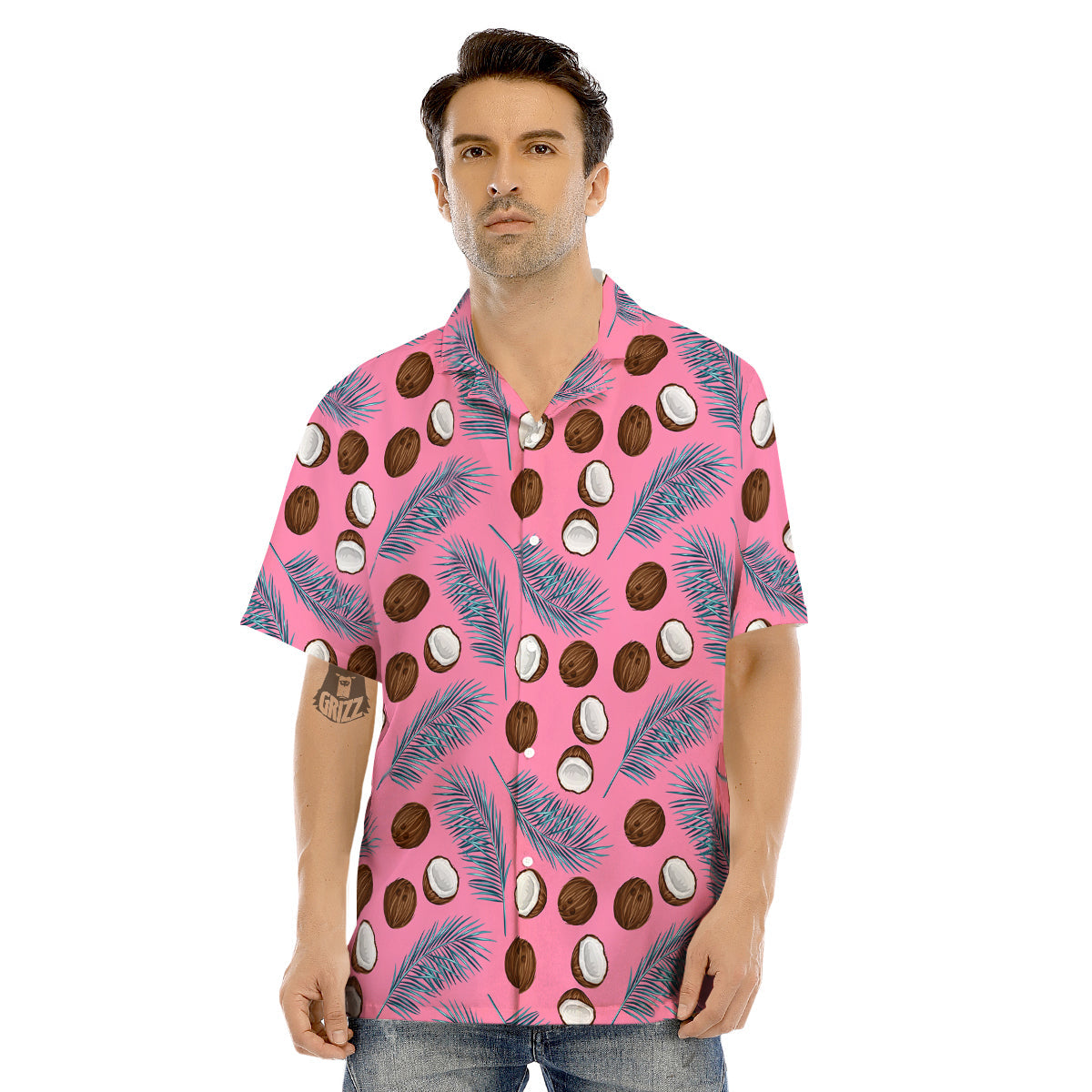 Coconut Pink And Palm Leaf Print Pattern Men's Hawaiian Shirt-grizzshop