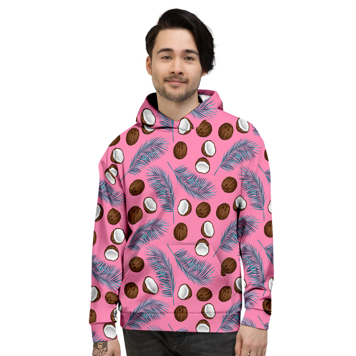 Coconut Pink And Palm Leaf Print Pattern Men's Hoodie-grizzshop