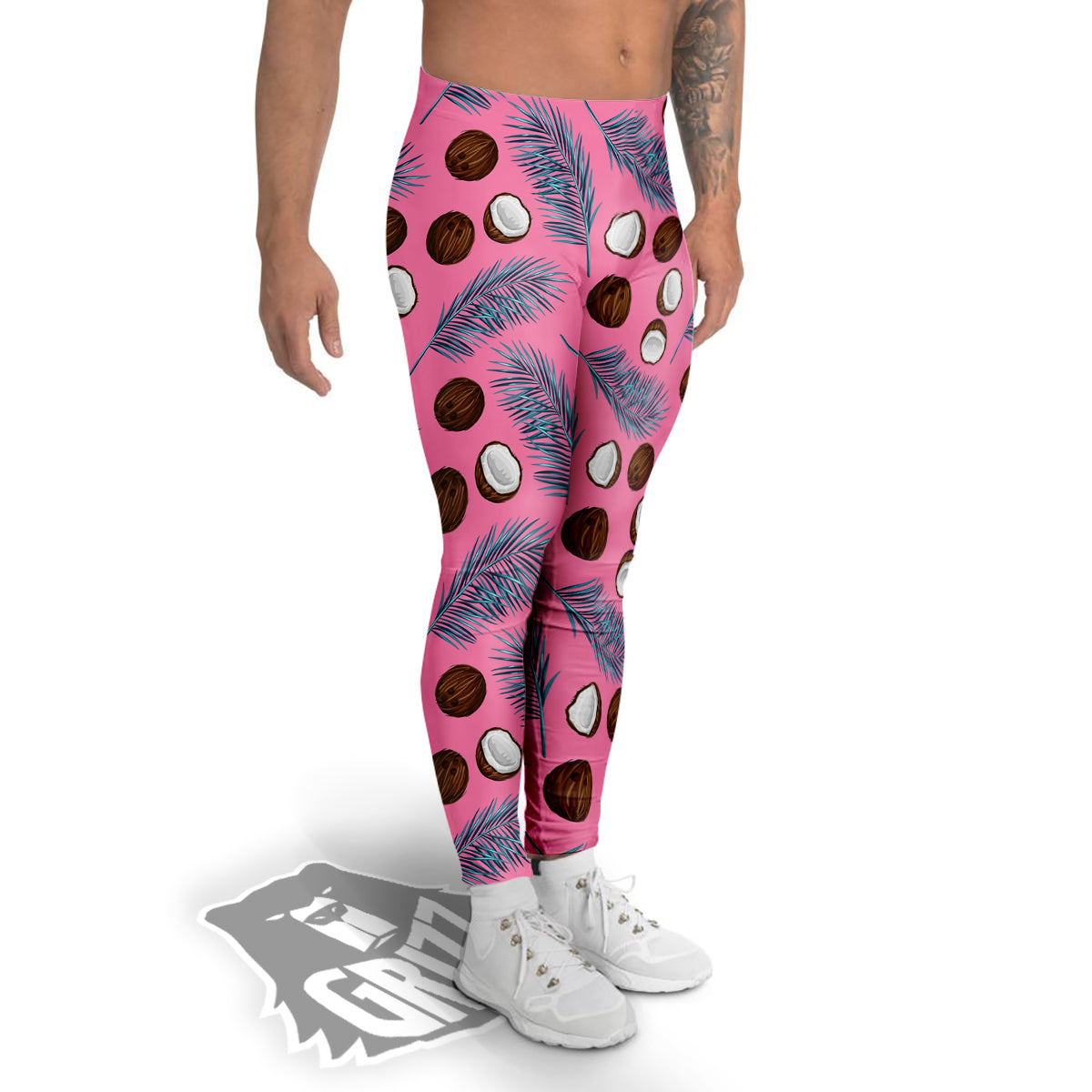 Coconut Pink And Palm Leaf Print Pattern Men's Leggings-grizzshop