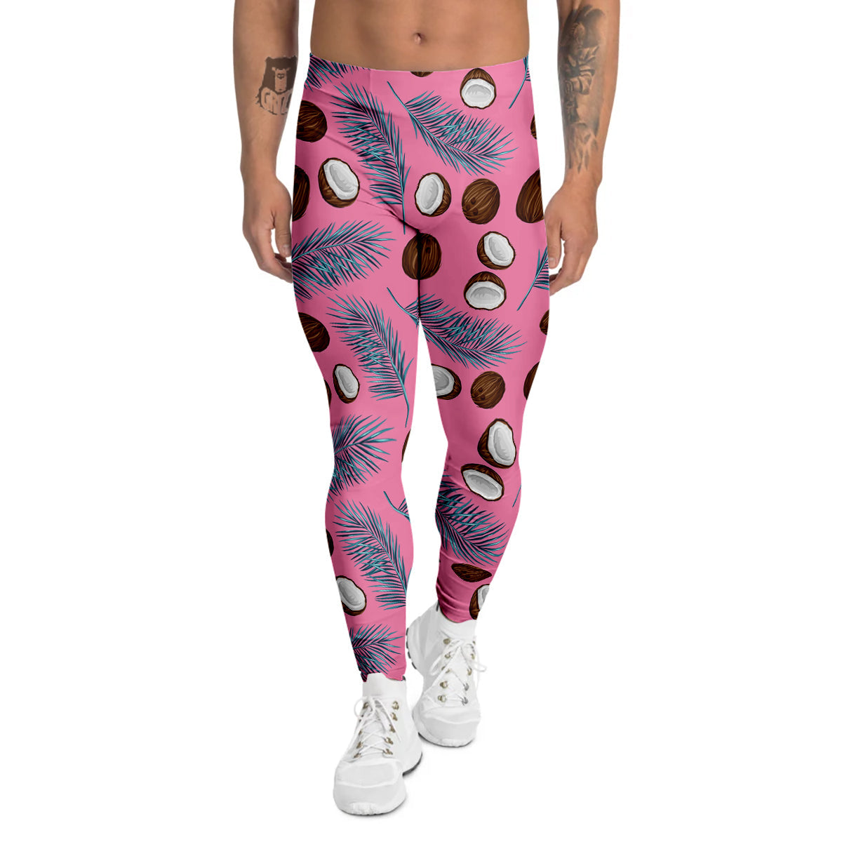 Coconut Pink And Palm Leaf Print Pattern Men's Leggings-grizzshop