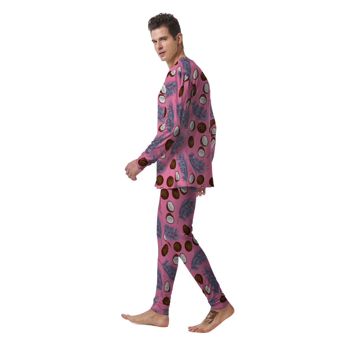 Coconut Pink And Palm Leaf Print Pattern Men's Pajamas-grizzshop