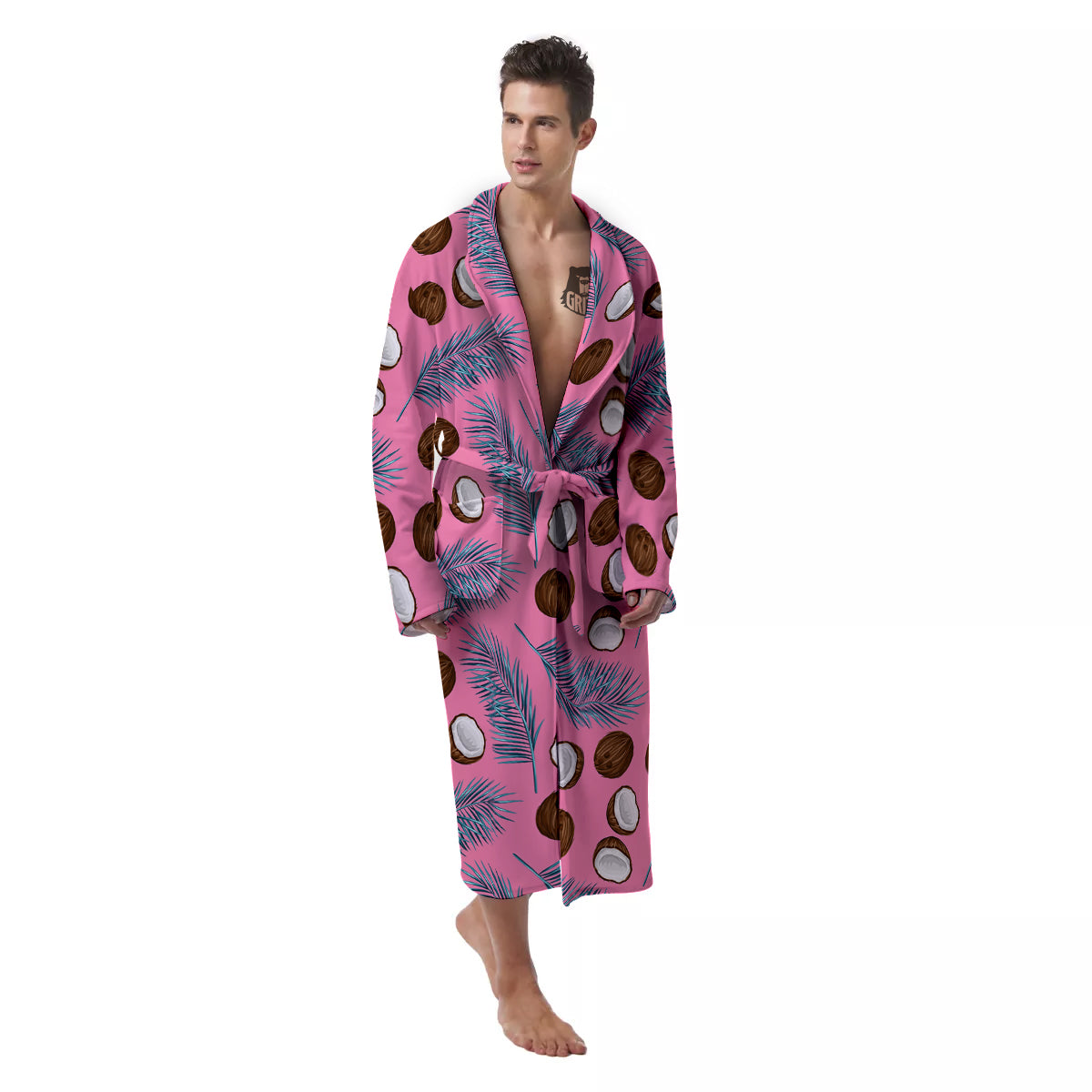 Coconut Pink And Palm Leaf Print Pattern Men's Robe-grizzshop
