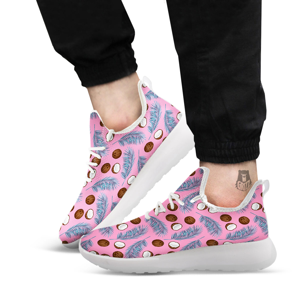 Coconut Pink And Palm Leaf Print Pattern White Athletic Shoes-grizzshop
