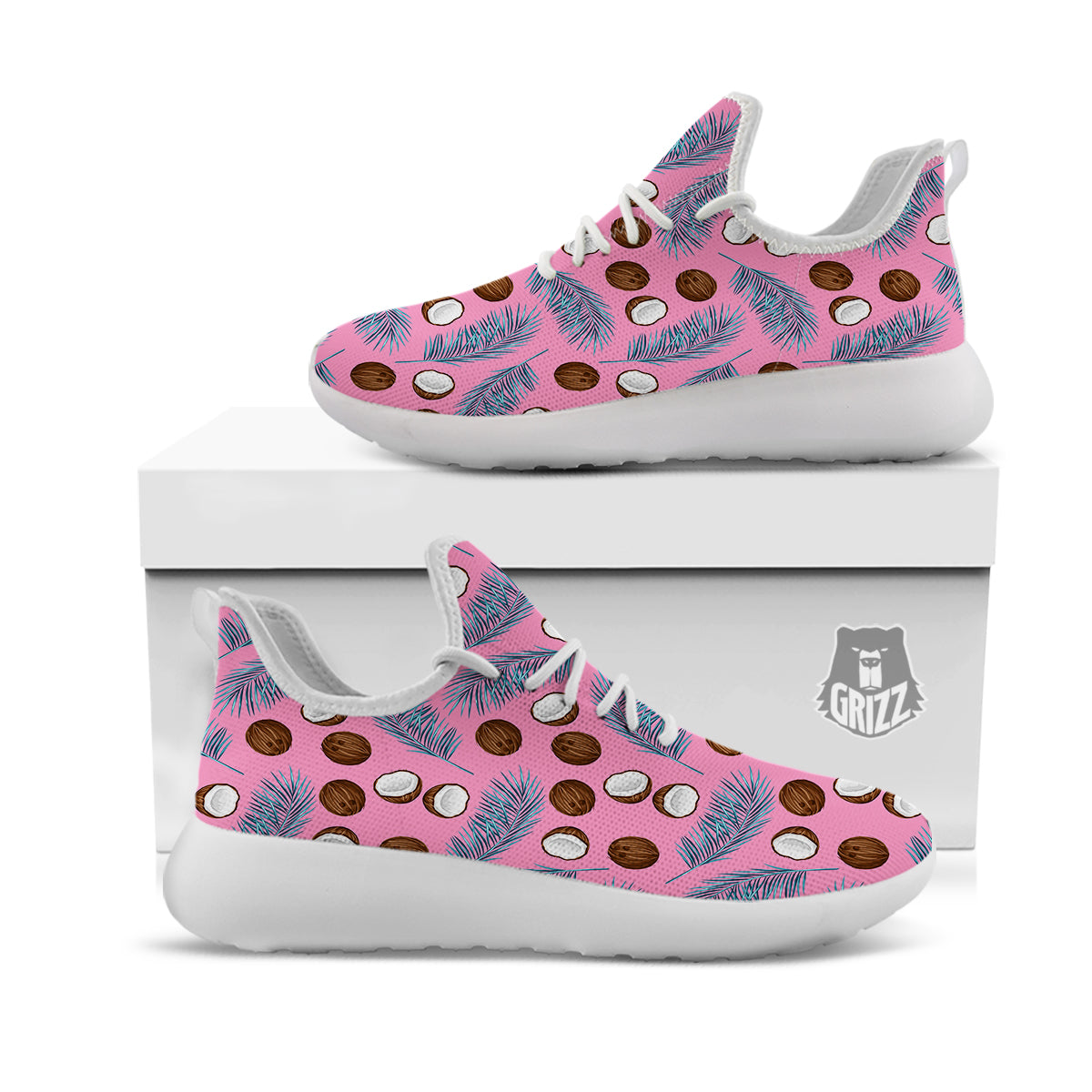 Coconut Pink And Palm Leaf Print Pattern White Athletic Shoes-grizzshop