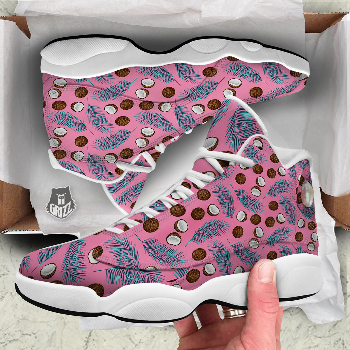 Coconut Pink And Palm Leaf Print Pattern White Basketball Shoes-grizzshop