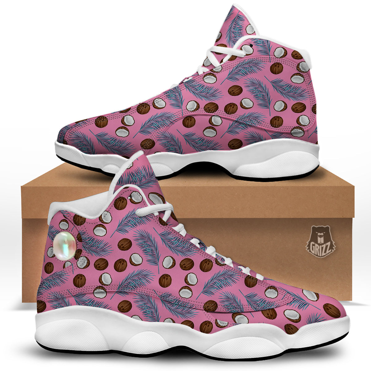 Coconut Pink And Palm Leaf Print Pattern White Basketball Shoes-grizzshop
