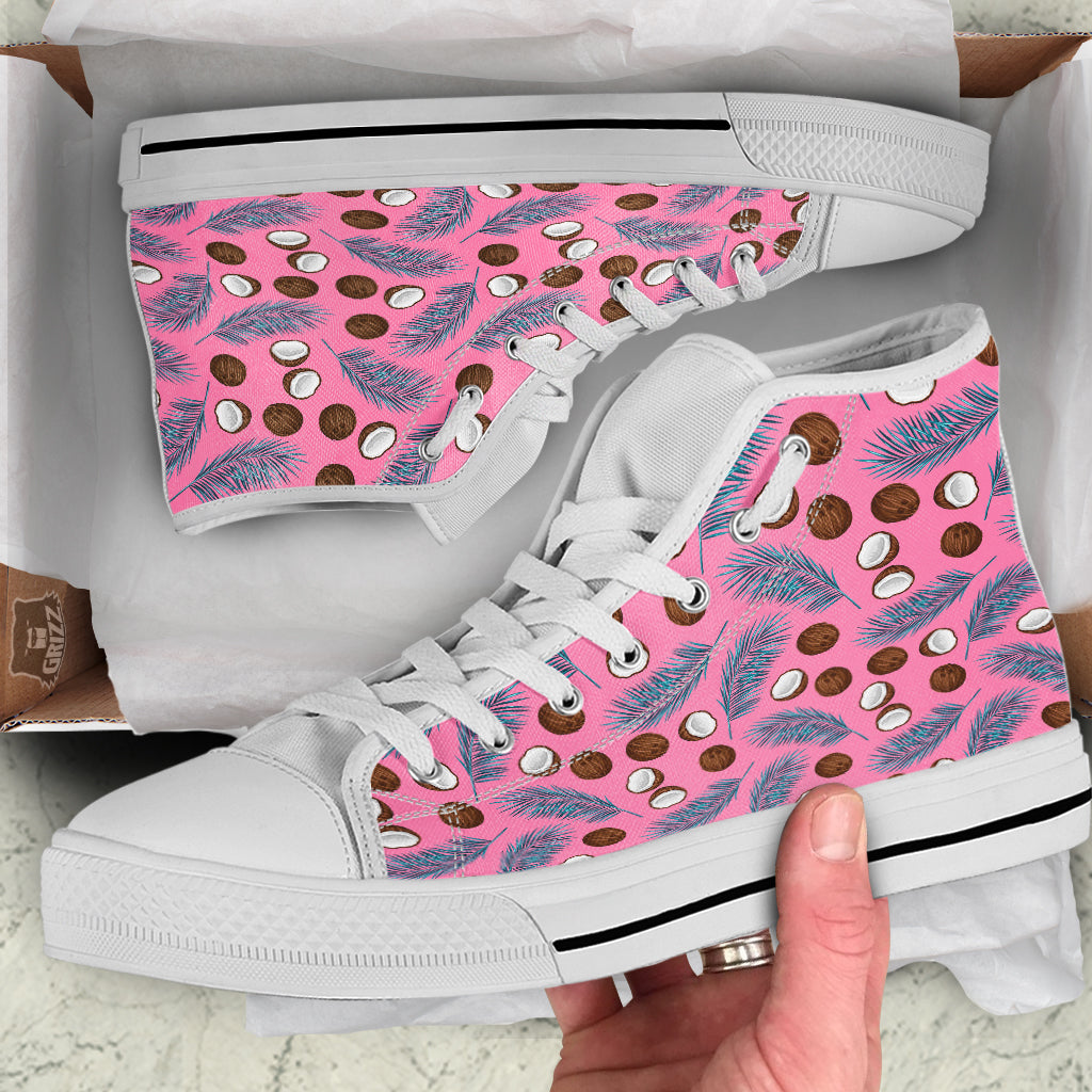 Coconut Pink And Palm Leaf Print Pattern White High Top Shoes-grizzshop