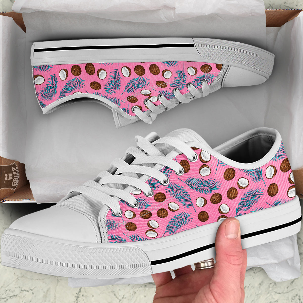 Coconut Pink And Palm Leaf Print Pattern White Low Top Shoes-grizzshop