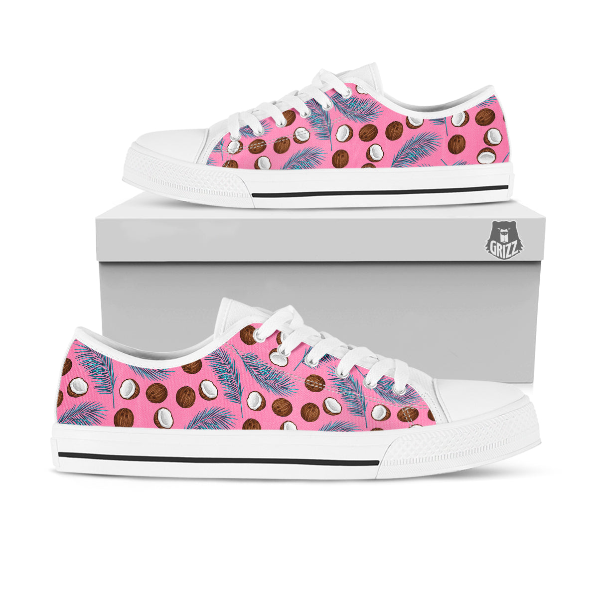 Coconut Pink And Palm Leaf Print Pattern White Low Top Shoes-grizzshop