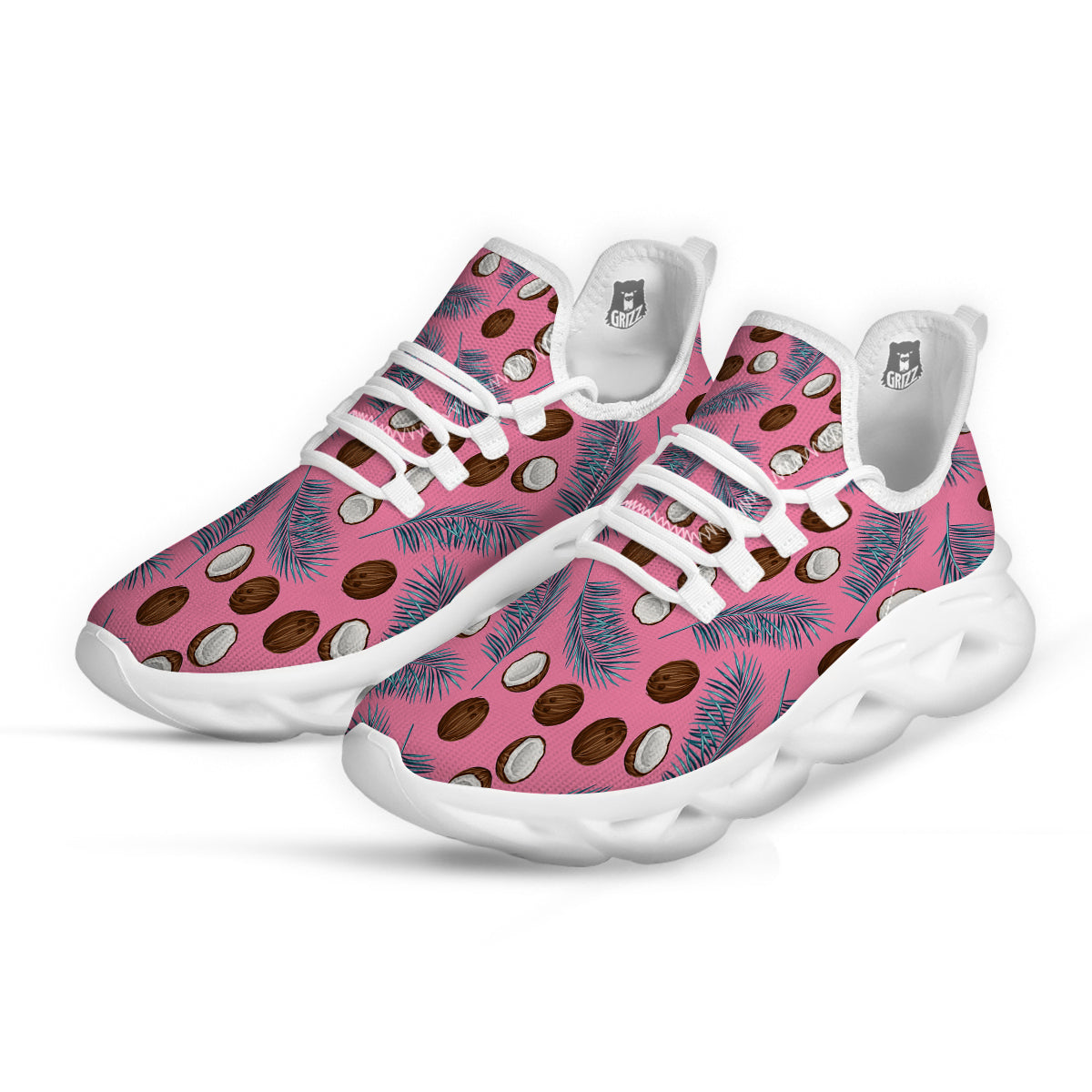 Coconut Pink And Palm Leaf Print Pattern White Running Shoes-grizzshop