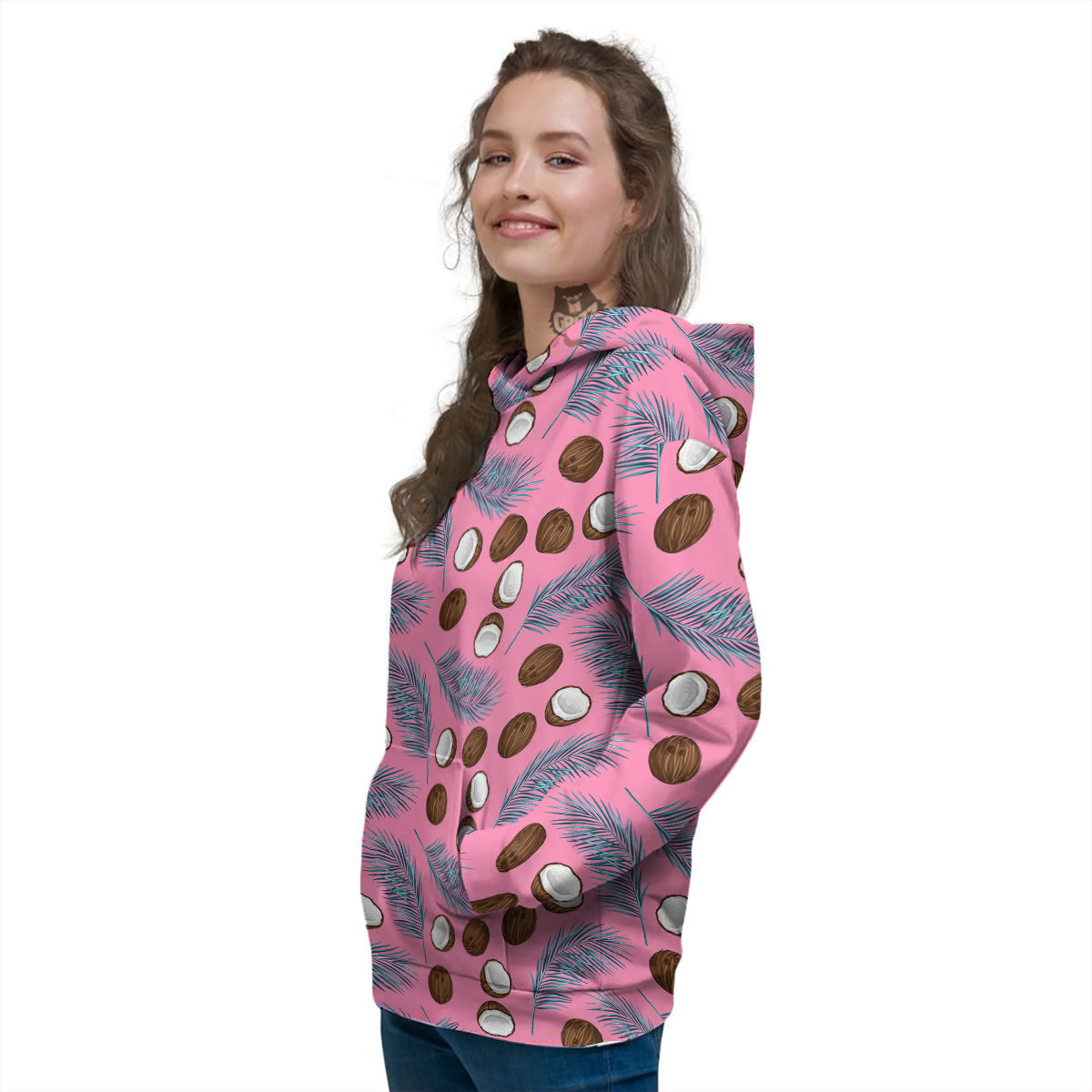 Coconut Pink And Palm Leaf Print Pattern Women's Hoodie-grizzshop