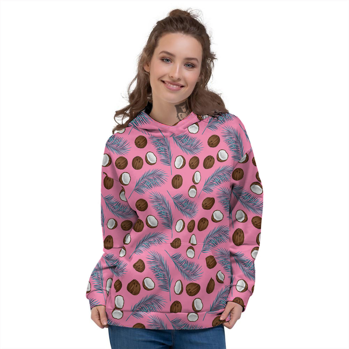 Coconut Pink And Palm Leaf Print Pattern Women's Hoodie-grizzshop