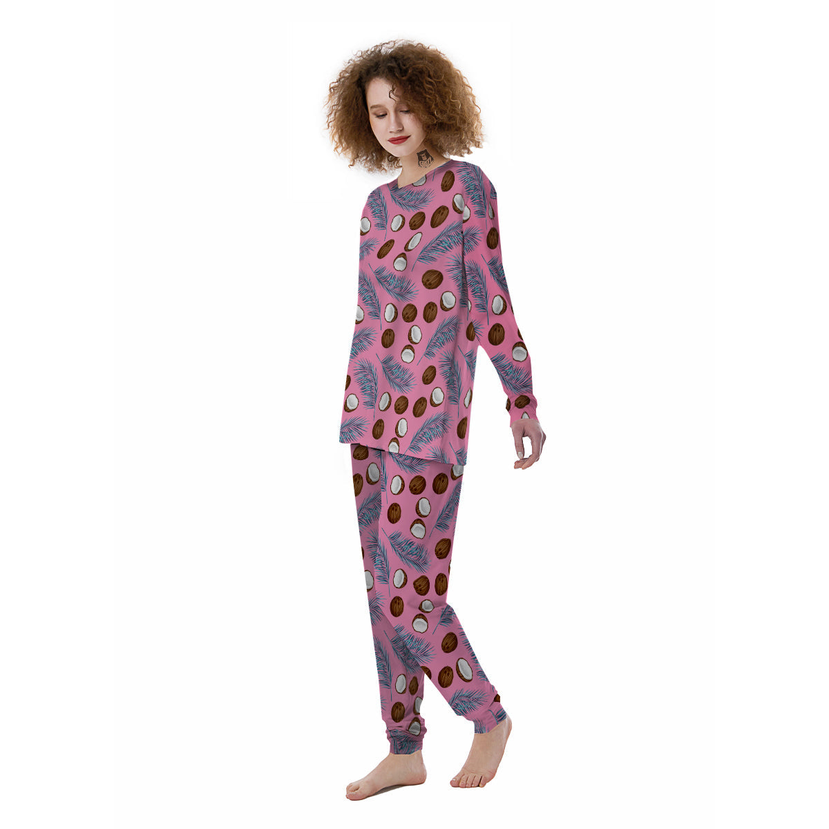 Coconut Pink And Palm Leaf Print Pattern Women's Pajamas-grizzshop