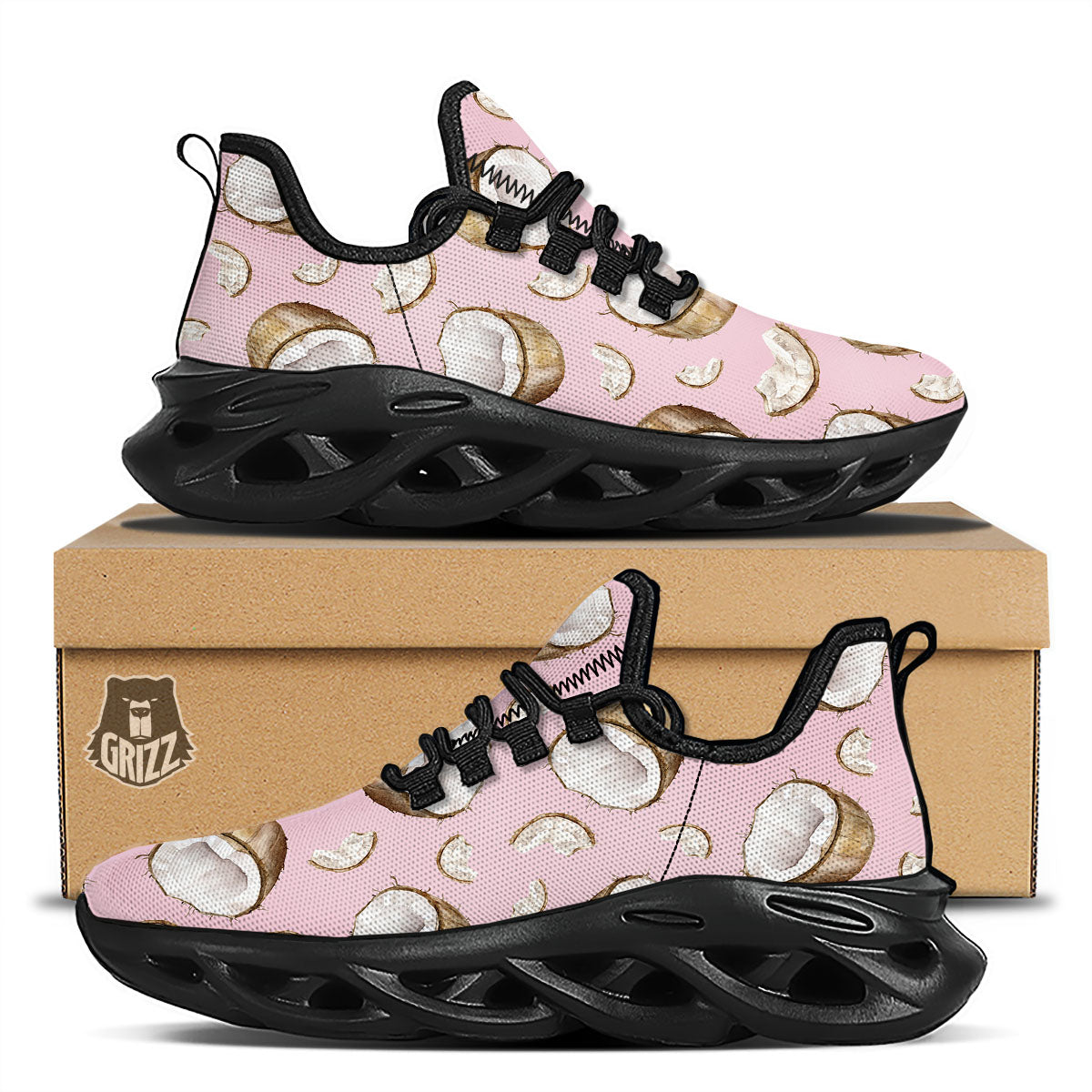 Coconut Pink Print Pattern Black Running Shoes-grizzshop