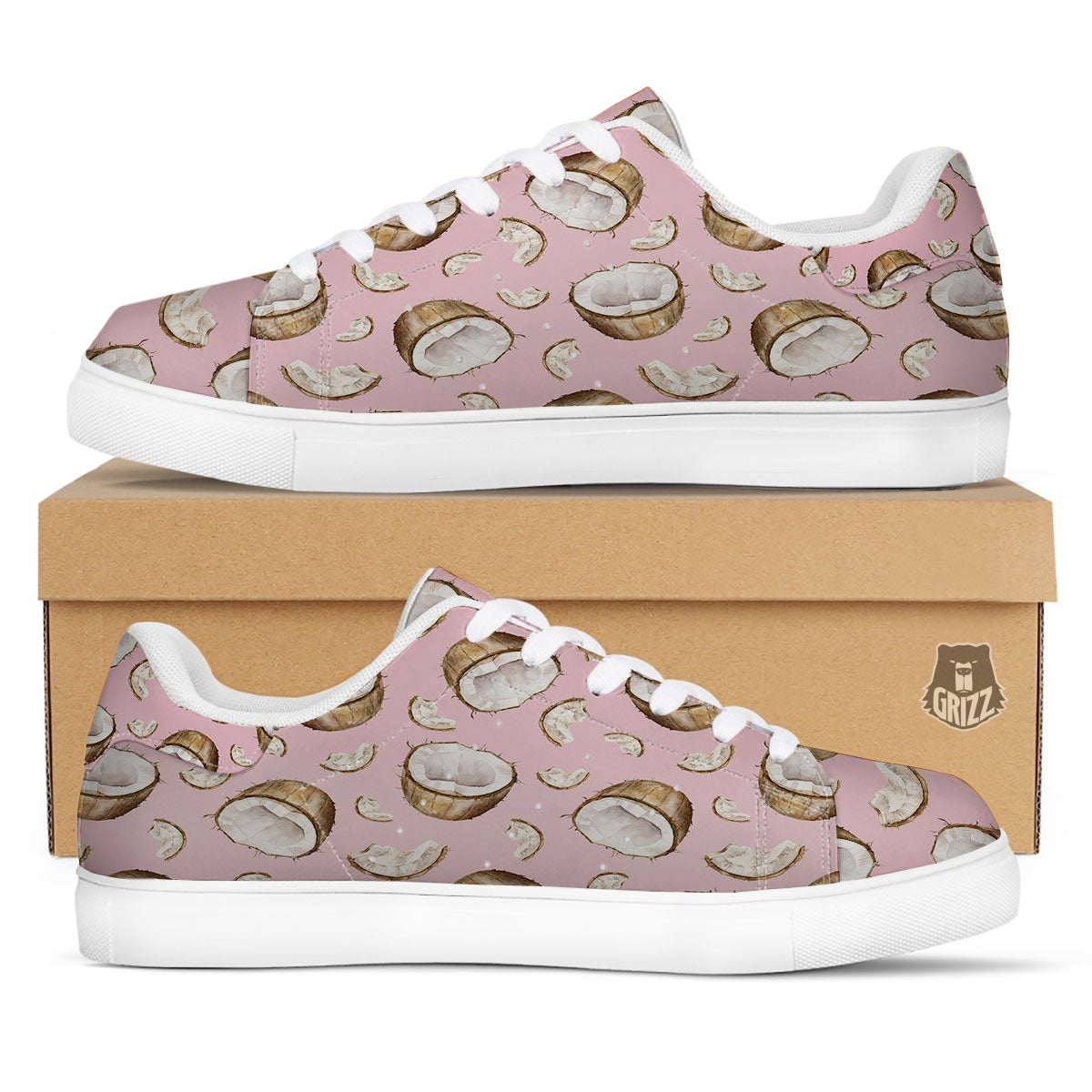 Coconut Pink Print Pattern White Low Top Sneakers-grizzshop