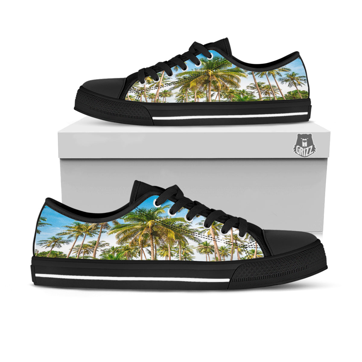 Coconut Tree Print Black Low Top Shoes-grizzshop