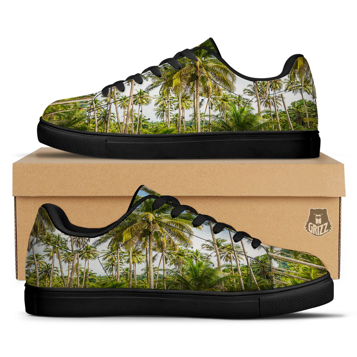 Coconut Tree Print Black Low Top Sneakers-grizzshop