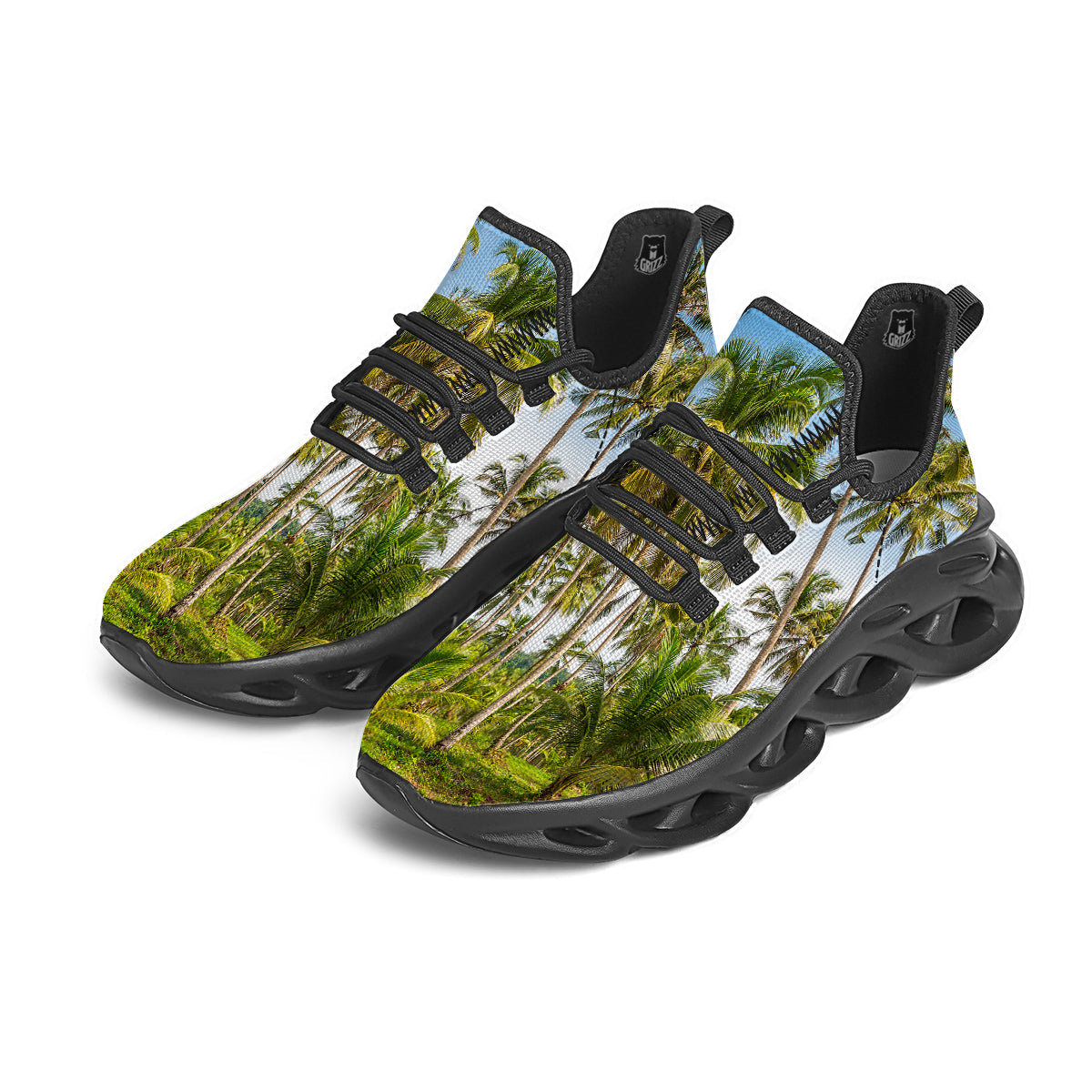 Coconut Tree Print Black Running Shoes-grizzshop