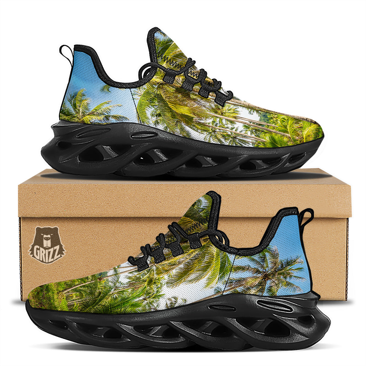 Coconut Tree Print Black Running Shoes-grizzshop