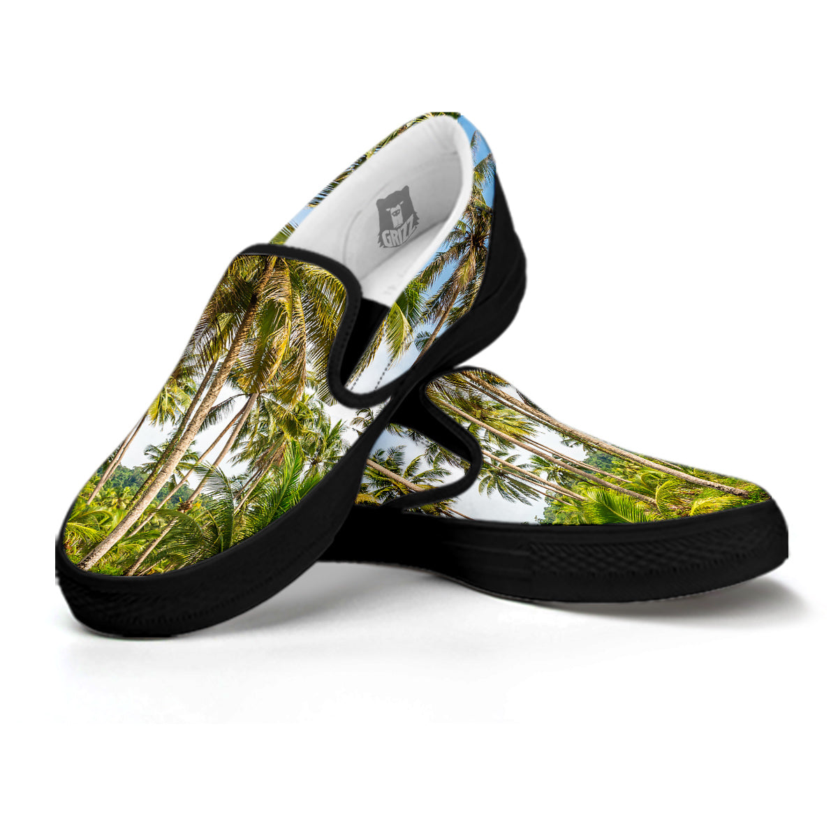 Coconut Tree Print Black Slip On Shoes-grizzshop