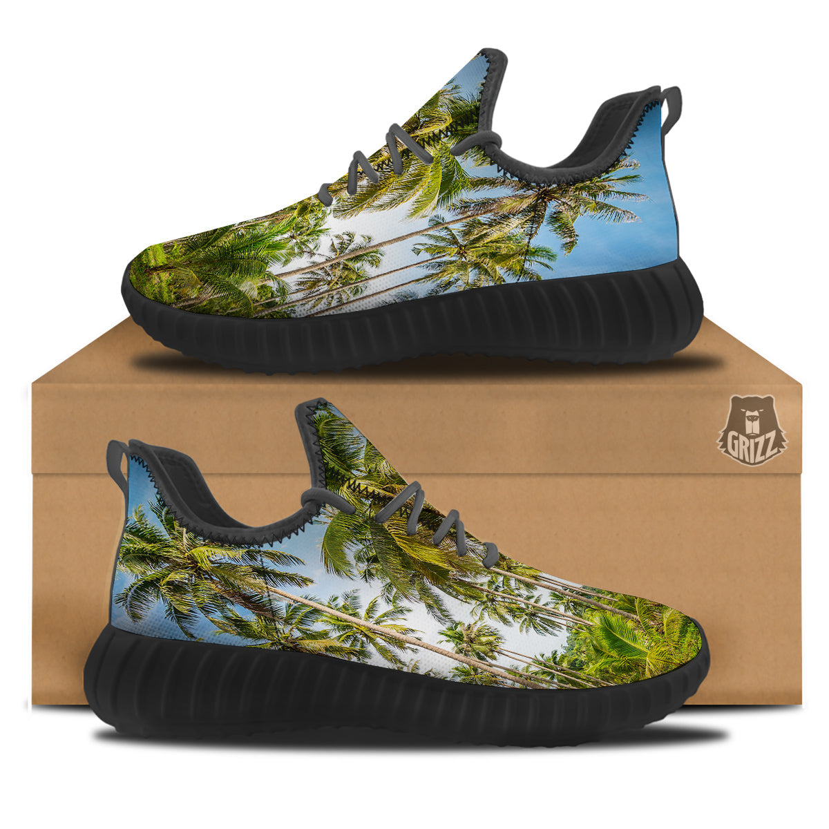 Coconut Tree Print Black Walking Shoes-grizzshop
