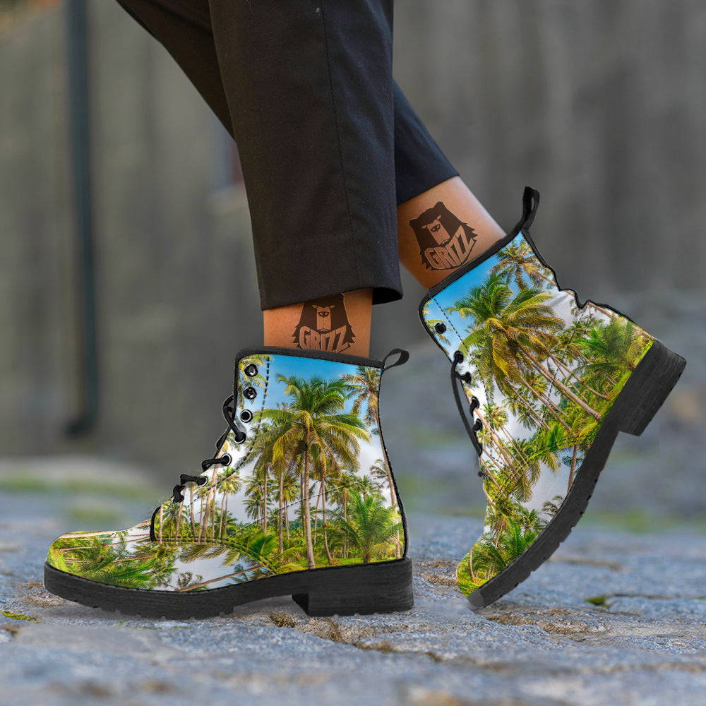 Coconut Tree Print Leather Boots-grizzshop