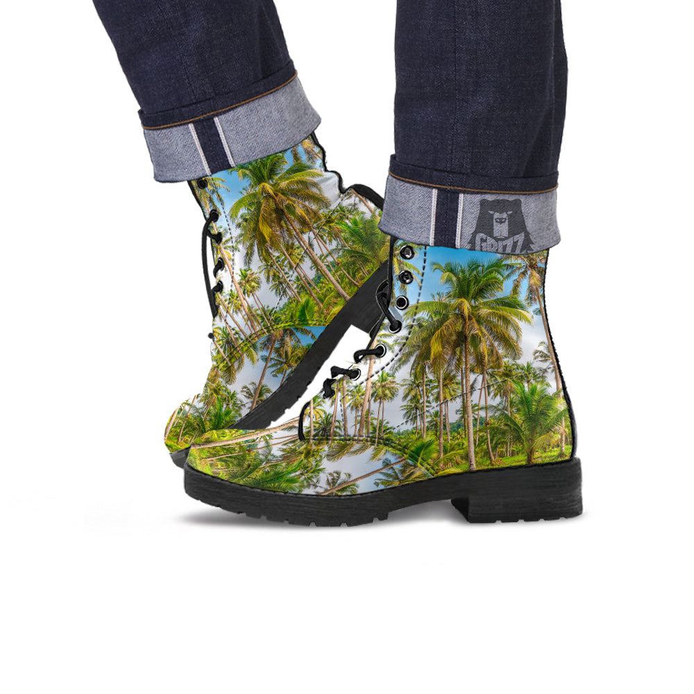 Coconut Tree Print Leather Boots-grizzshop